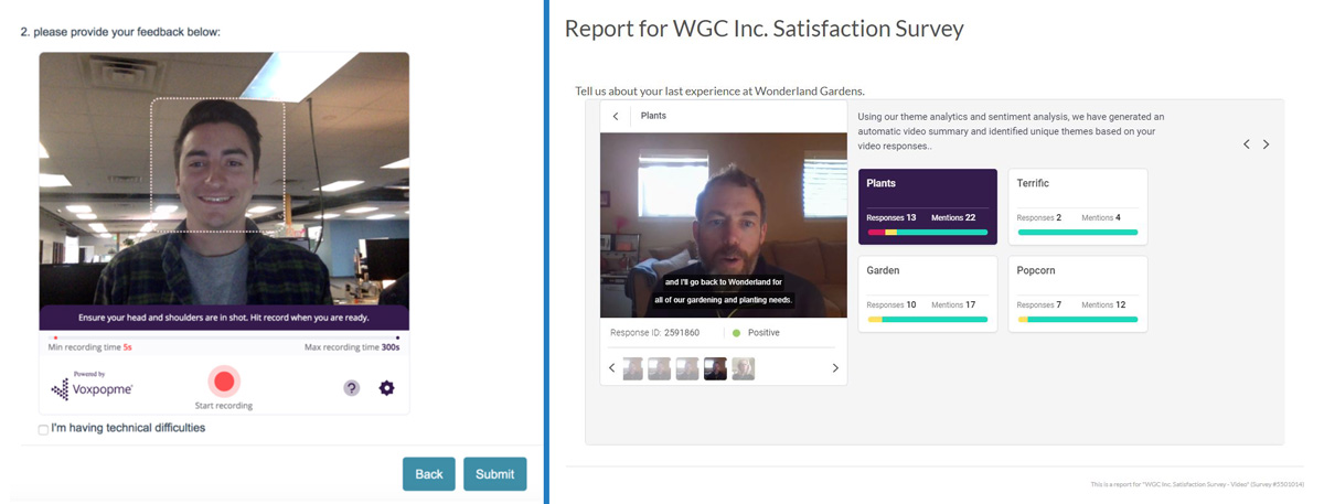 Voxpopme screen capture example with side-by-side of survey questions/results