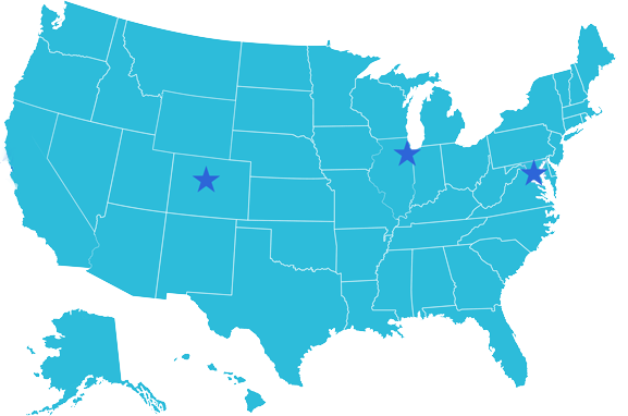 US map with stars indicating cities in Colorado, Illinois, and Maryland