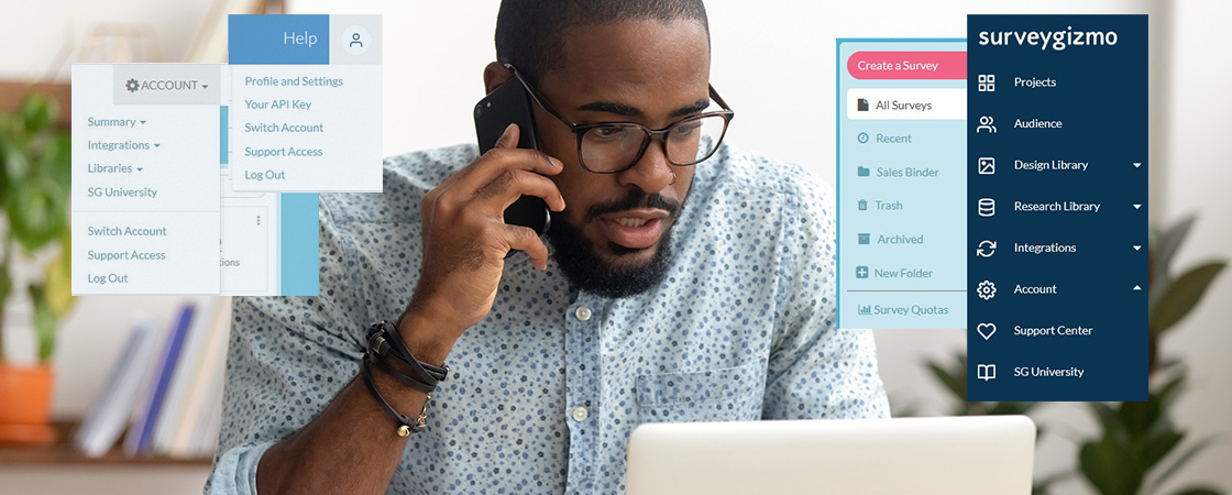 Man on cellphone looking intently at laptop with Alchemer pop-ups floating in image