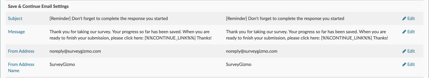 Example of save and continue email survey settings